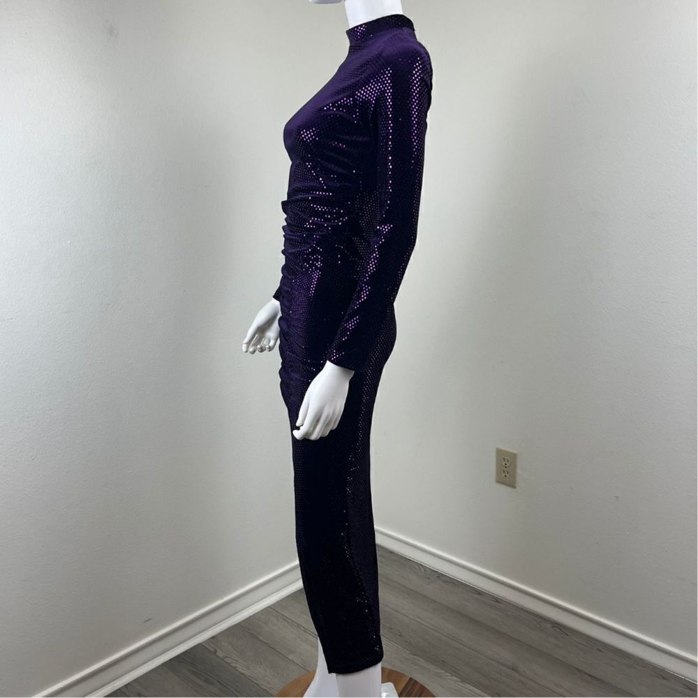 Zara Women Size XS Purple Sequins Velvet Ruched Midi Dress Long Sleeve Mock Neck - Picture 11 of 15
